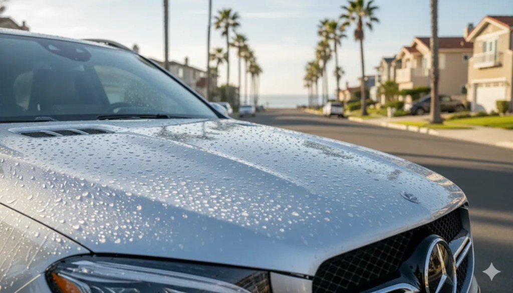 Ceramic coated Mercedes SUV parked near Carlsbad State Beach showing hydrophobic water beading