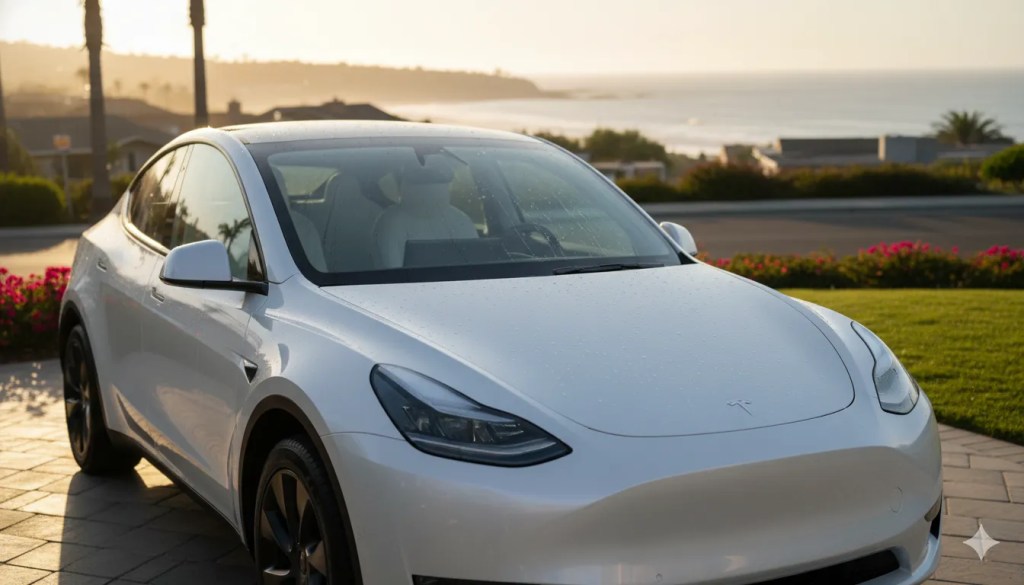 Ceramic coated Tesla Model Y in La Jolla San Diego showing hydrophobic paint protection