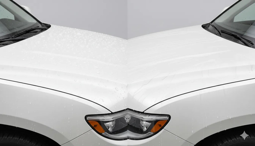 Ceramic coating vs uncoated paint water beading comparison on white SUVCeramic coating vs uncoated paint water beading comparison on white SUV