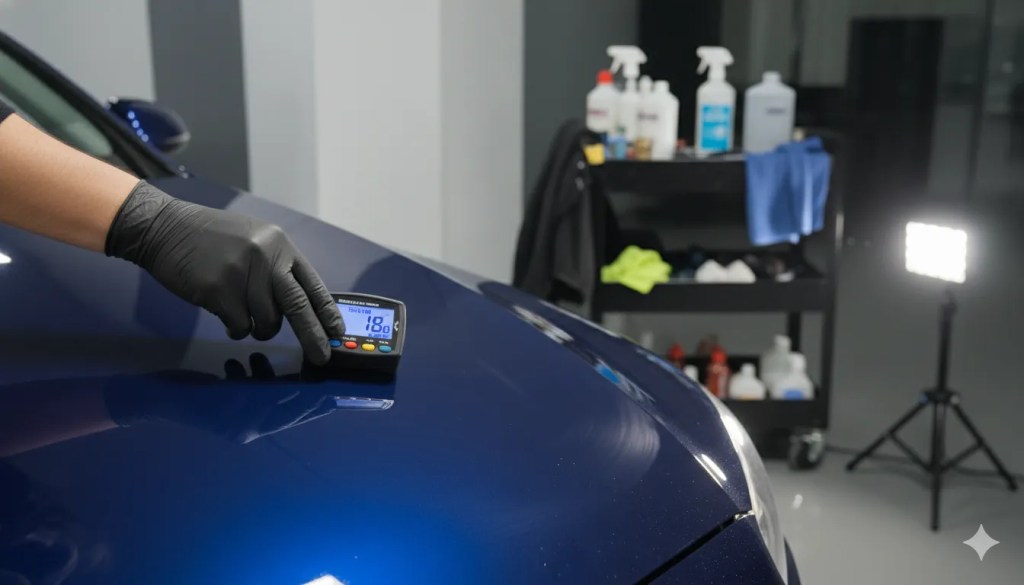 Professional paint assessment before ceramic coating application at San Diego home