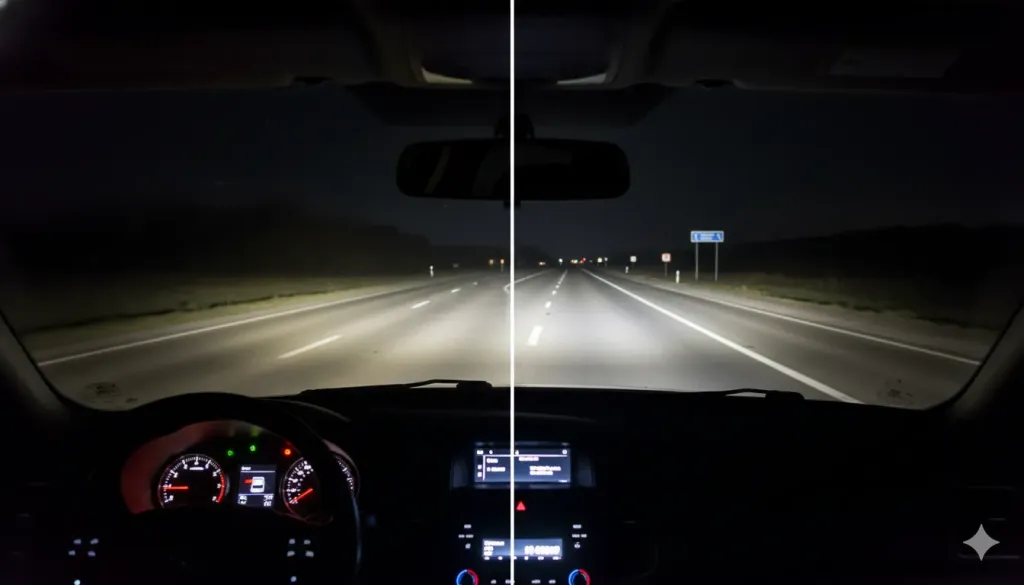 reduced visibility foggy headlights vs restored headlights night