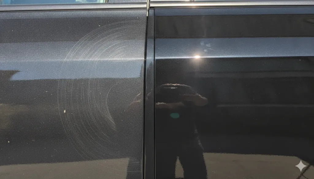 Before and after paint correction showing swirl mark removal on a car door panel