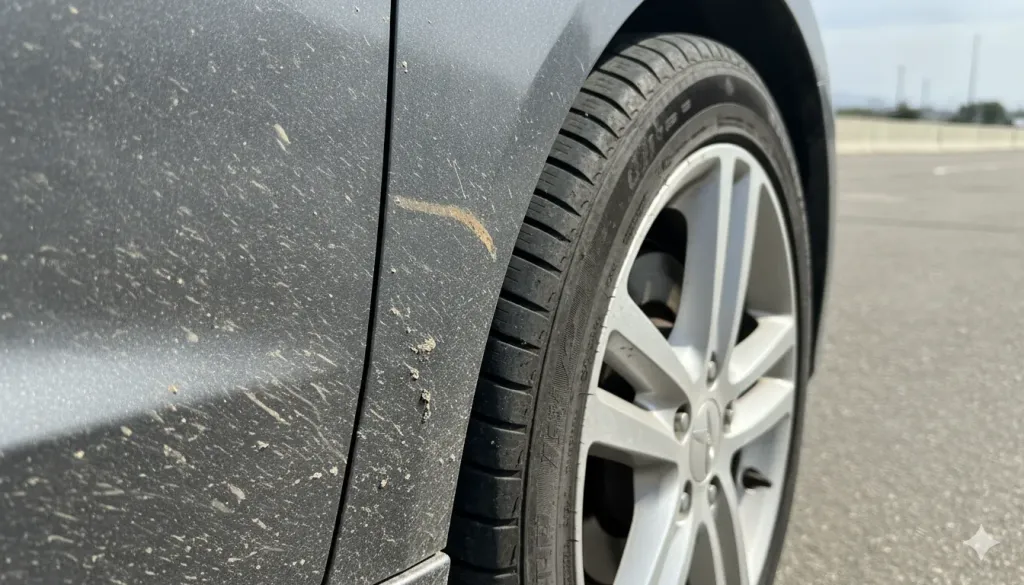 Brake dust and road grime buildup on a South Bay commuter vehicle before paint correction