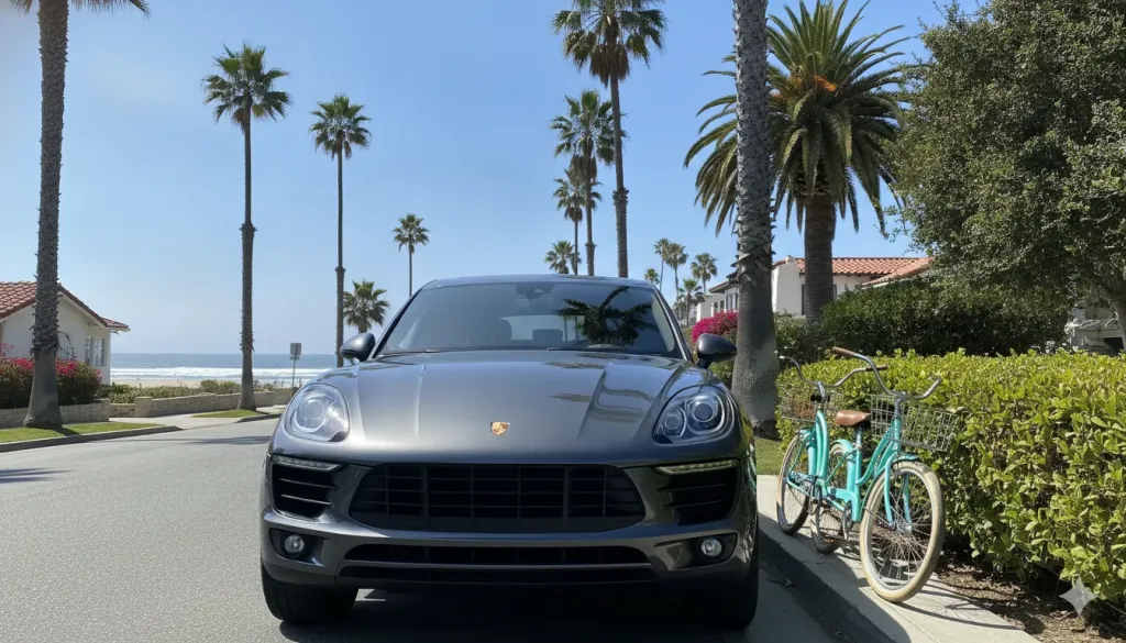 Ceramic-coated SUV parked in a residential Encinitas neighborhood near the coast