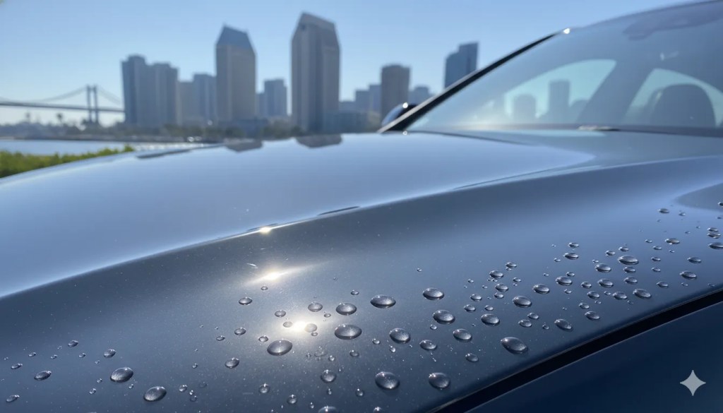 Ceramic coated car surface showing hydrophobic water beading effect in San Diego sunlight