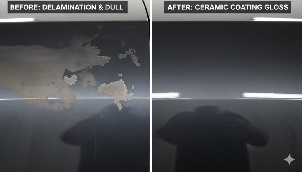 Ceramic coating delamination vs healthy ceramic coated paint surface comparison