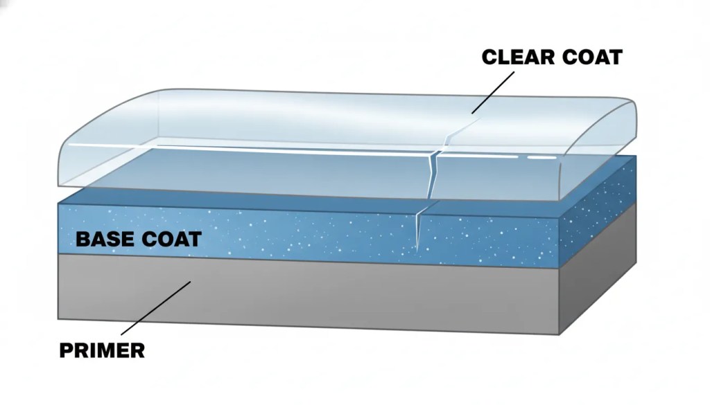 Diagram of automotive paint layers showing where clear coat scratches occur and how paint correction works