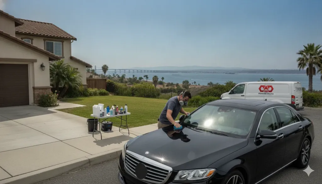 Mobile ceramic coating service for an SUV in a Chula Vista driveway near San Diego Bay