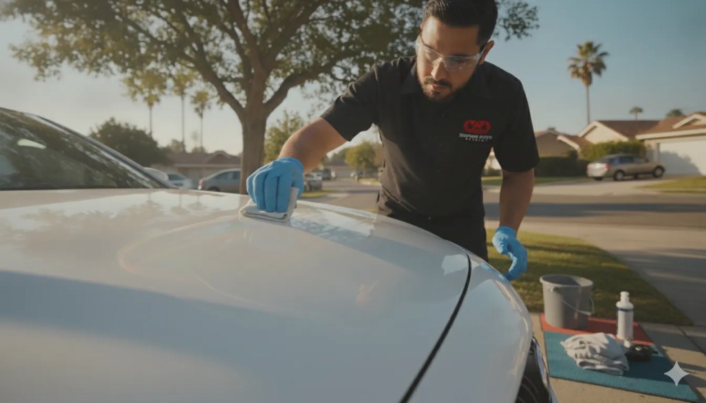 Professional applying ceramic coating to white car in San Diego before summer to protect paint from UV damage