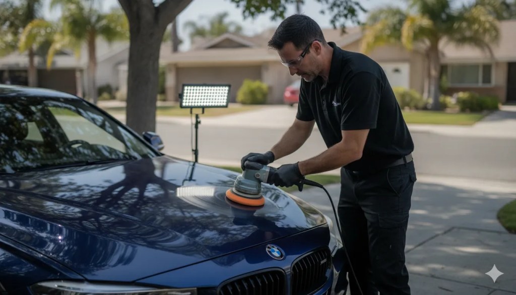 Professional technician performing paint correction on dark navy BMW with dual-action polisher in San Diego