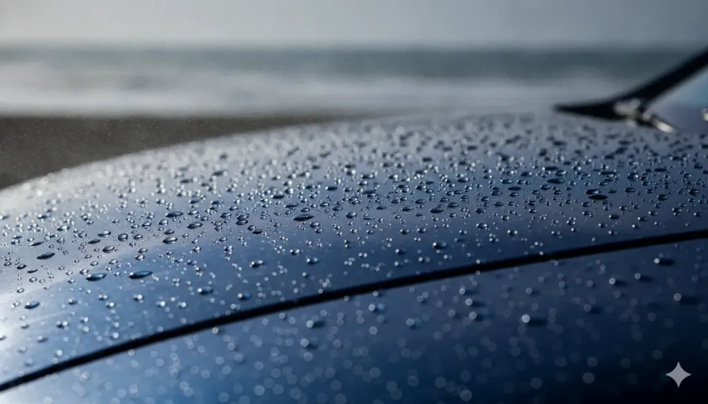 Water beading on ceramic-coated car hood demonstrating hydrophobic protection
