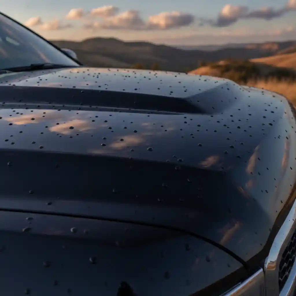 Gleaming ceramic-coated black truck hood with San Diego inland hills in the background showing protection results