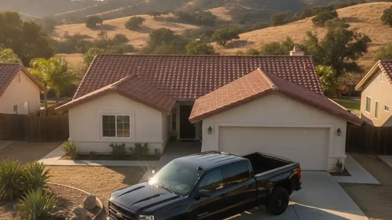 Aerial view of a pickup truck in an East County San Diego residential driveway receiving mobile car detailing service