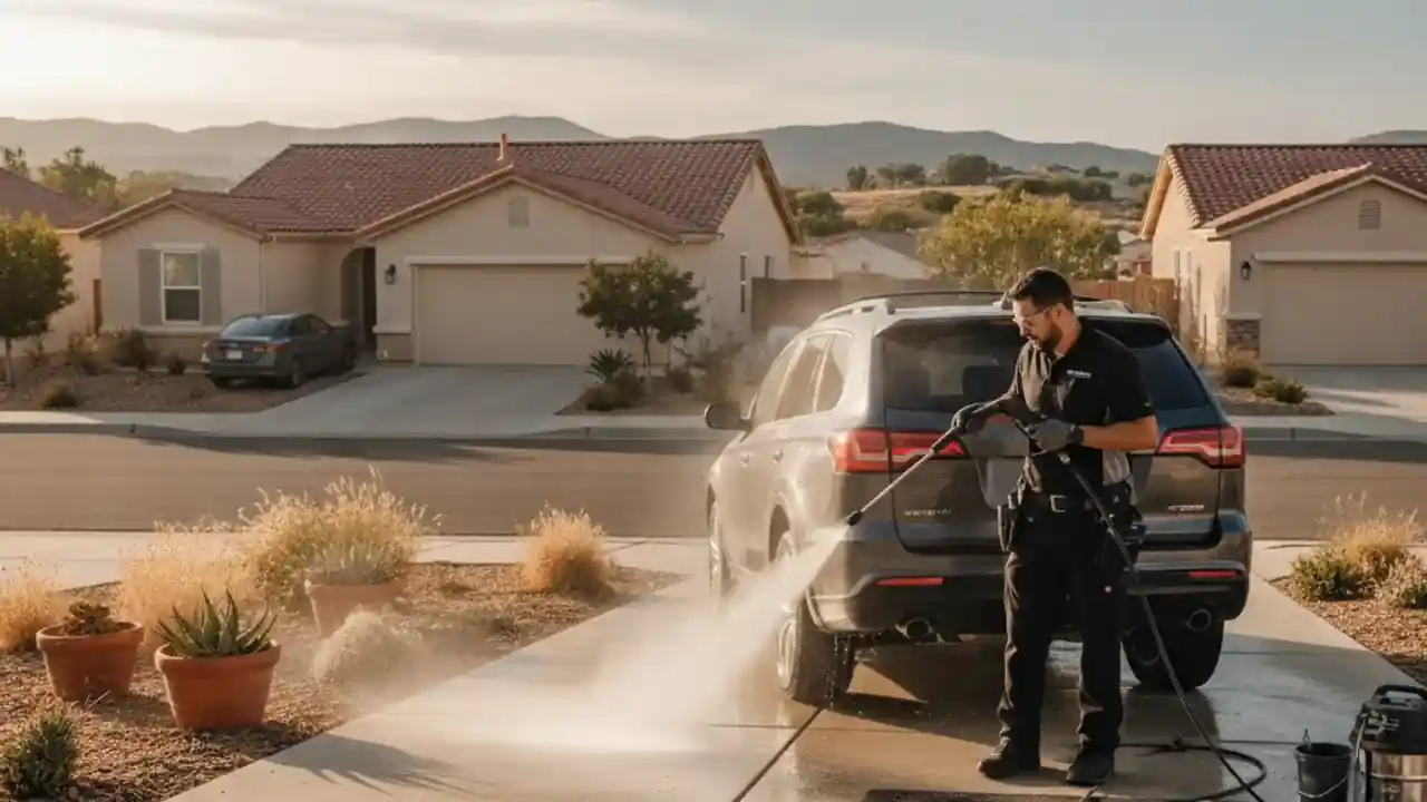 Mobile detailing technician pressure washing an SUV in East County San Diego - La Mesa, El Cajon, Santee service area