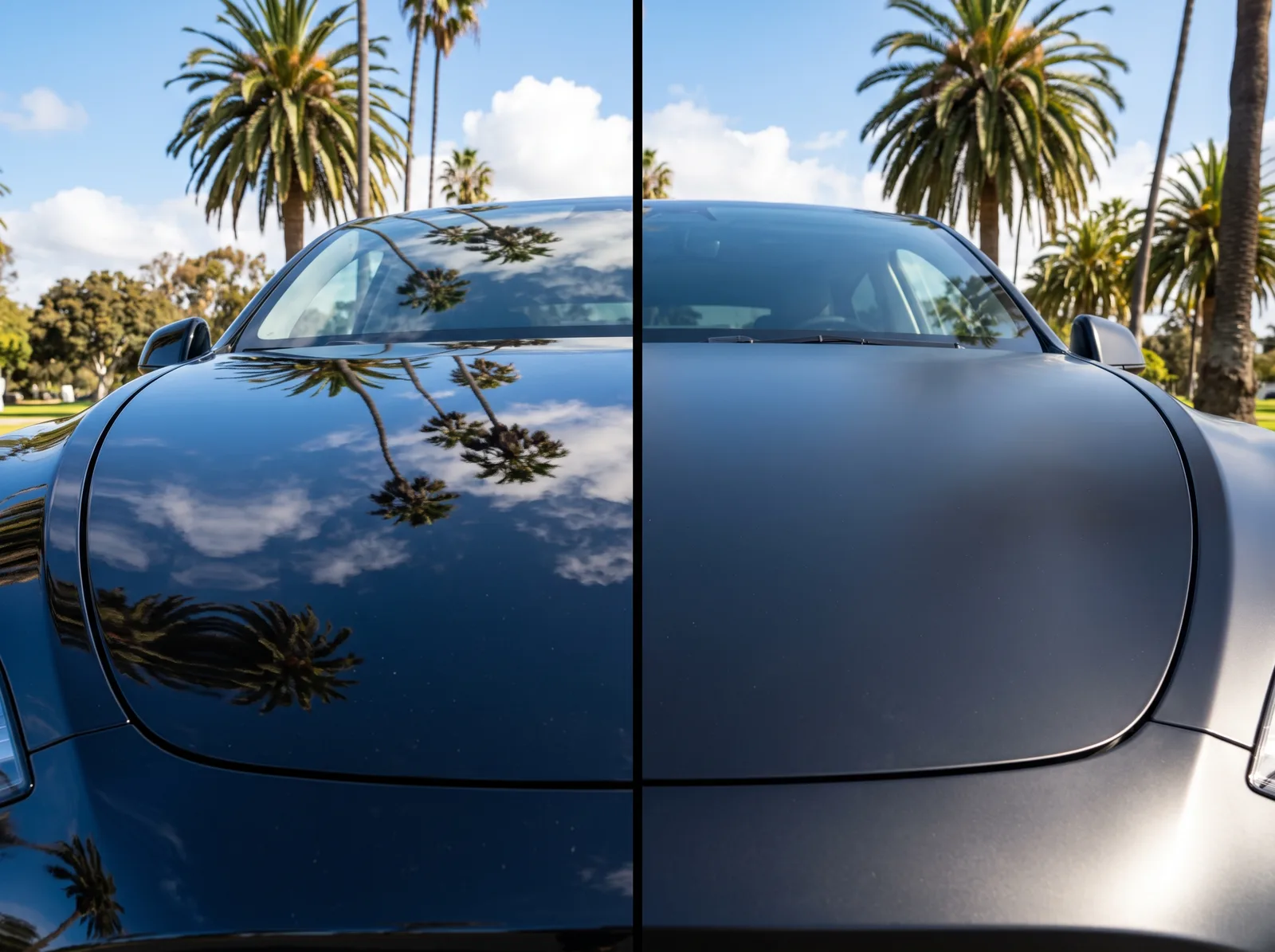 Glossy car hood reflecting palm trees next to a matte car hood that scatters light